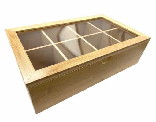 Bamboo Tea Box With 8 Compartments, 12.5" X 7.5" X 3.5"