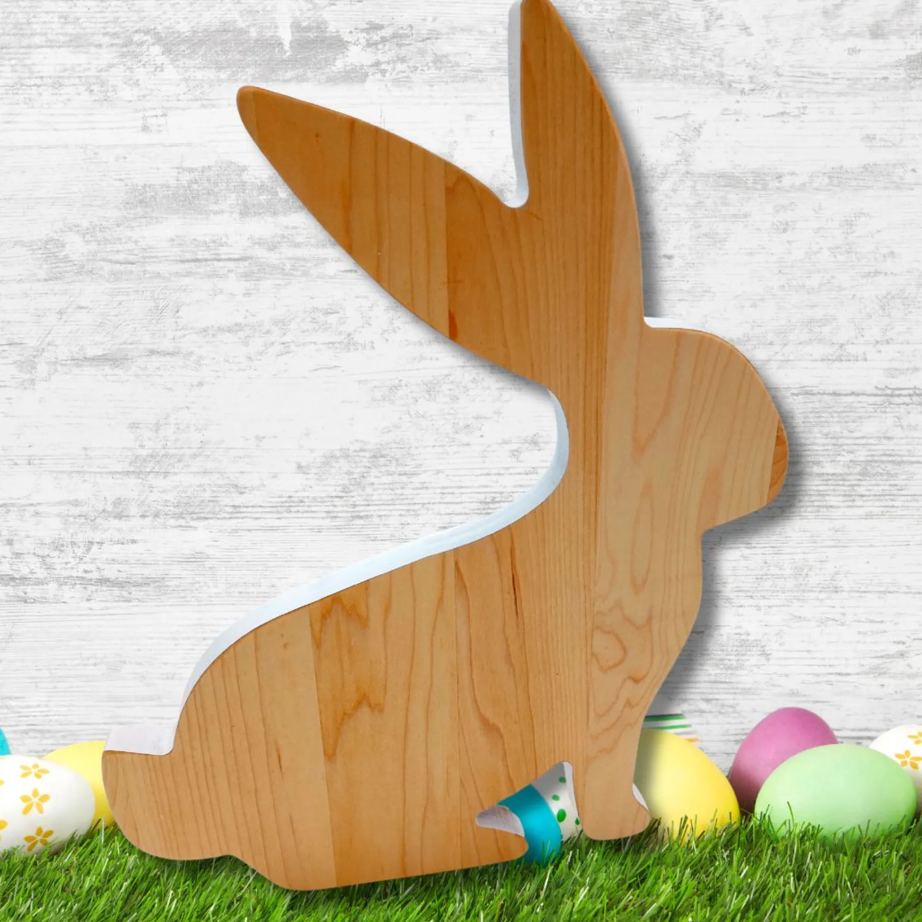 Hopping Wood Bunny Board with White Milk Paint Outline