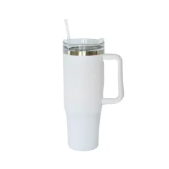 40 Oz Stainless Steel Tumbler with Handle & Straw - White