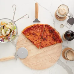 14" Wooden Pizza Board with Precision Cutting Wheel & Server