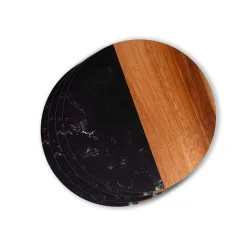 Set Of 4 Black Marble and Acacia Wood 4" Round Coasters