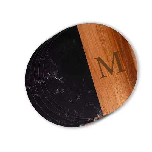Set Of 4 Black Marble and Acacia Wood 4" Round Coasters