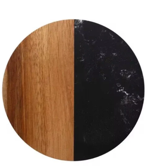 Set Of 4 Black Marble and Acacia Wood 4" Round Coasters