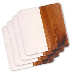 Set Of 4 White Marble and Acacia Wood 4" Square Coasters