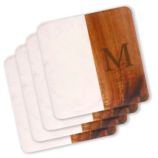 Set Of 4 White Marble and Acacia Wood 4" Square Coasters