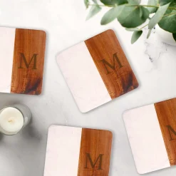 Set Of 4 White Marble and Acacia Wood 4" Square Coasters