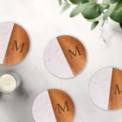 Set Of 4 White Marble and Acacia Wood 4" Round Coasters