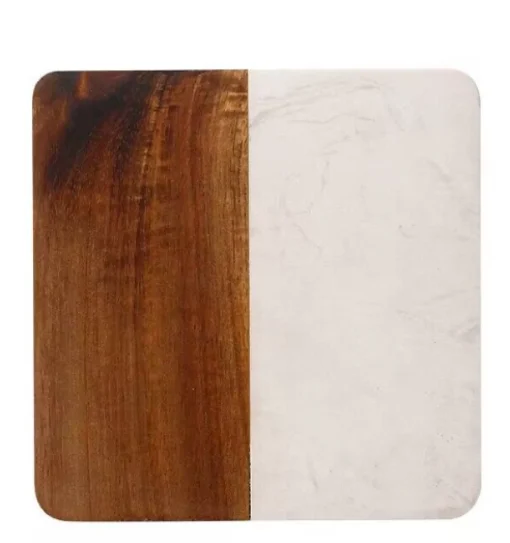 Set Of 4 White Marble and Acacia Wood 4" Square Coasters