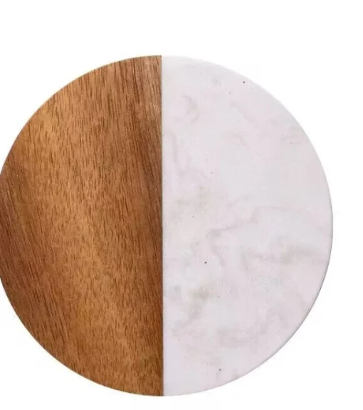 Set Of 4 White Marble and Acacia Wood 4" Round Coasters
