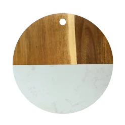 White Marble and Acacia Wood Round Board - 12"