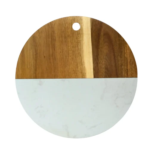 White Marble and Acacia Wood Round Board - 12"