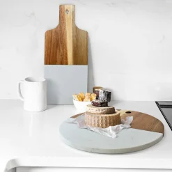 White Marble and Acacia Wood Round Board - 12"