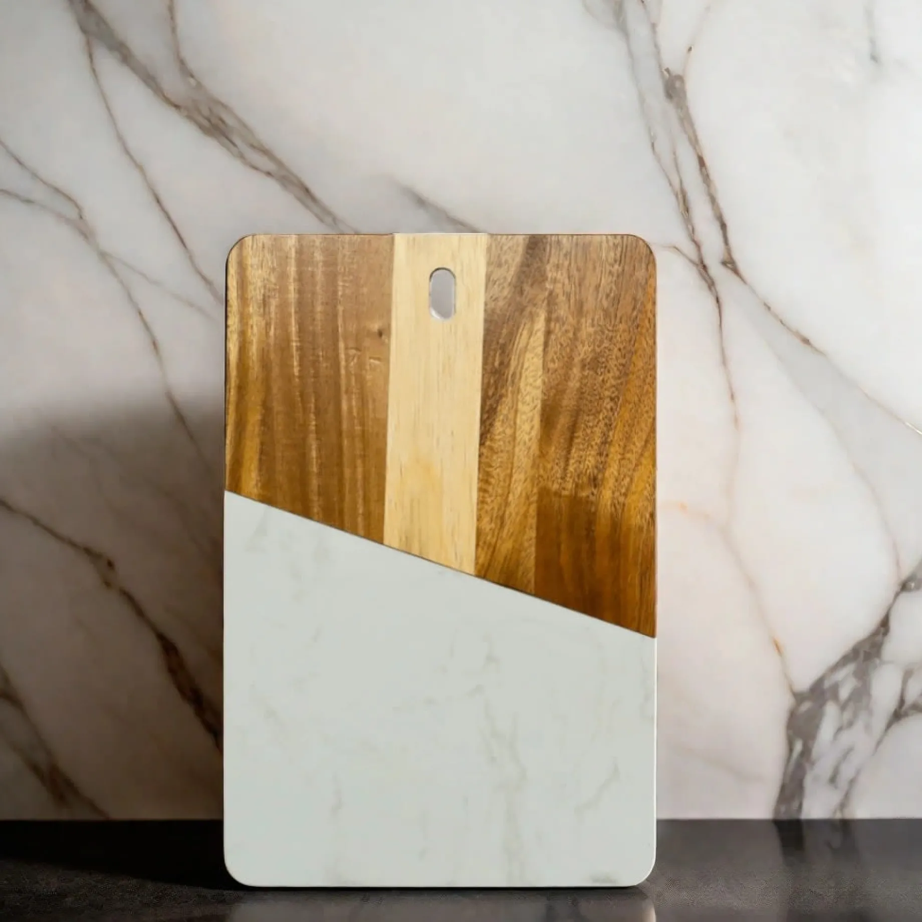 White Marble and Acacia Wood Rectangular Diagonal Board